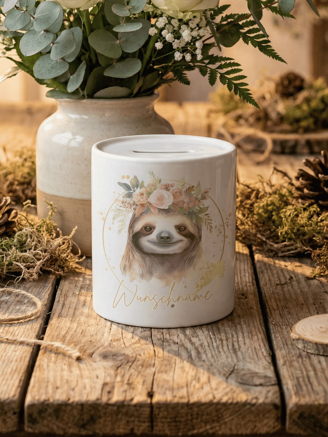 Keramikspardose Faultier personalisiert - achtsame Geschenke für Frauen bei Alles auf Anfang, Bedburg NRW