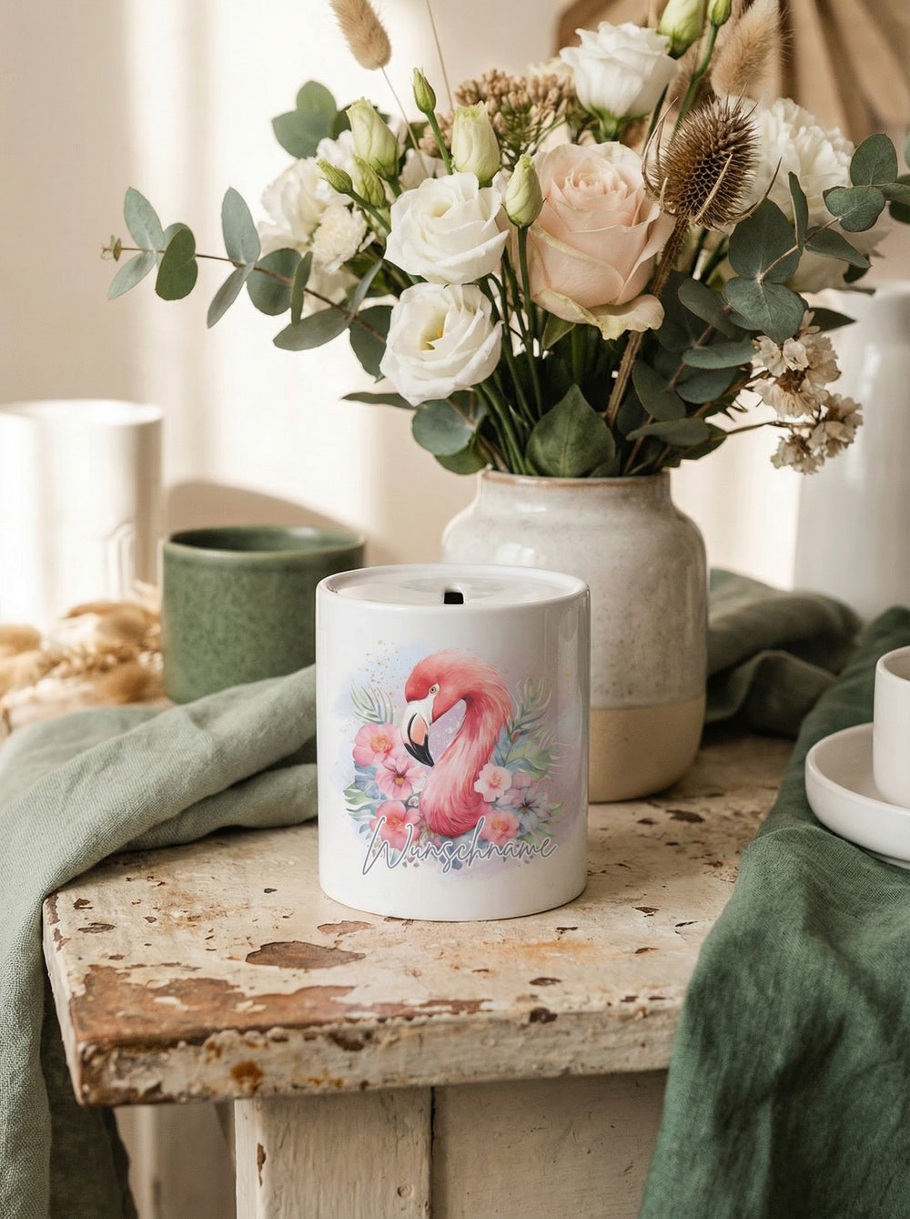 Keramikspardose Flamingo personalisiert - achtsame Geschenke für Frauen bei Alles auf Anfang in Bedburg, NRW