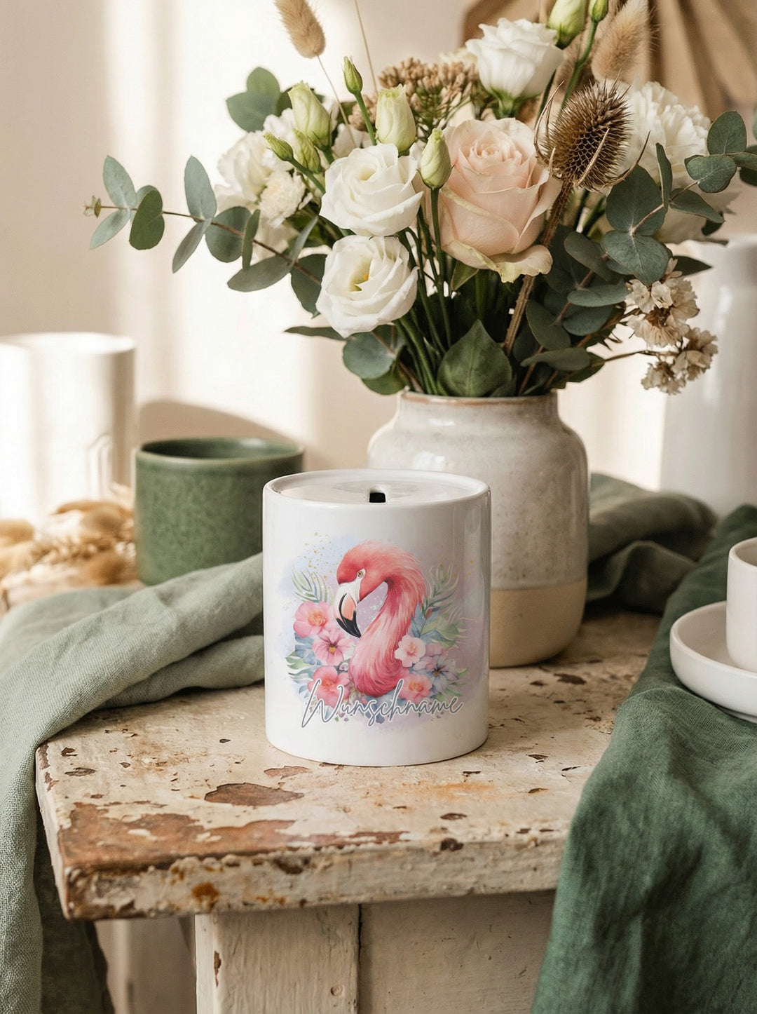 Keramikspardose Flamingo personalisiert - achtsame Geschenke für Frauen bei Alles auf Anfang in Bedburg, NRW