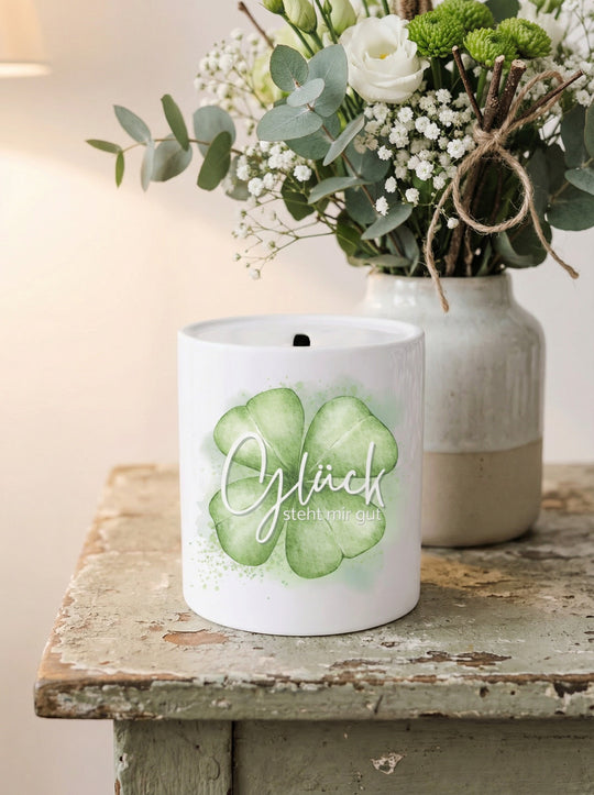 Keramikspardose Glück steht mir personalisiert - achtsame Geschenke für Frauen bei Alles auf Anfang in Bedburg, NRW