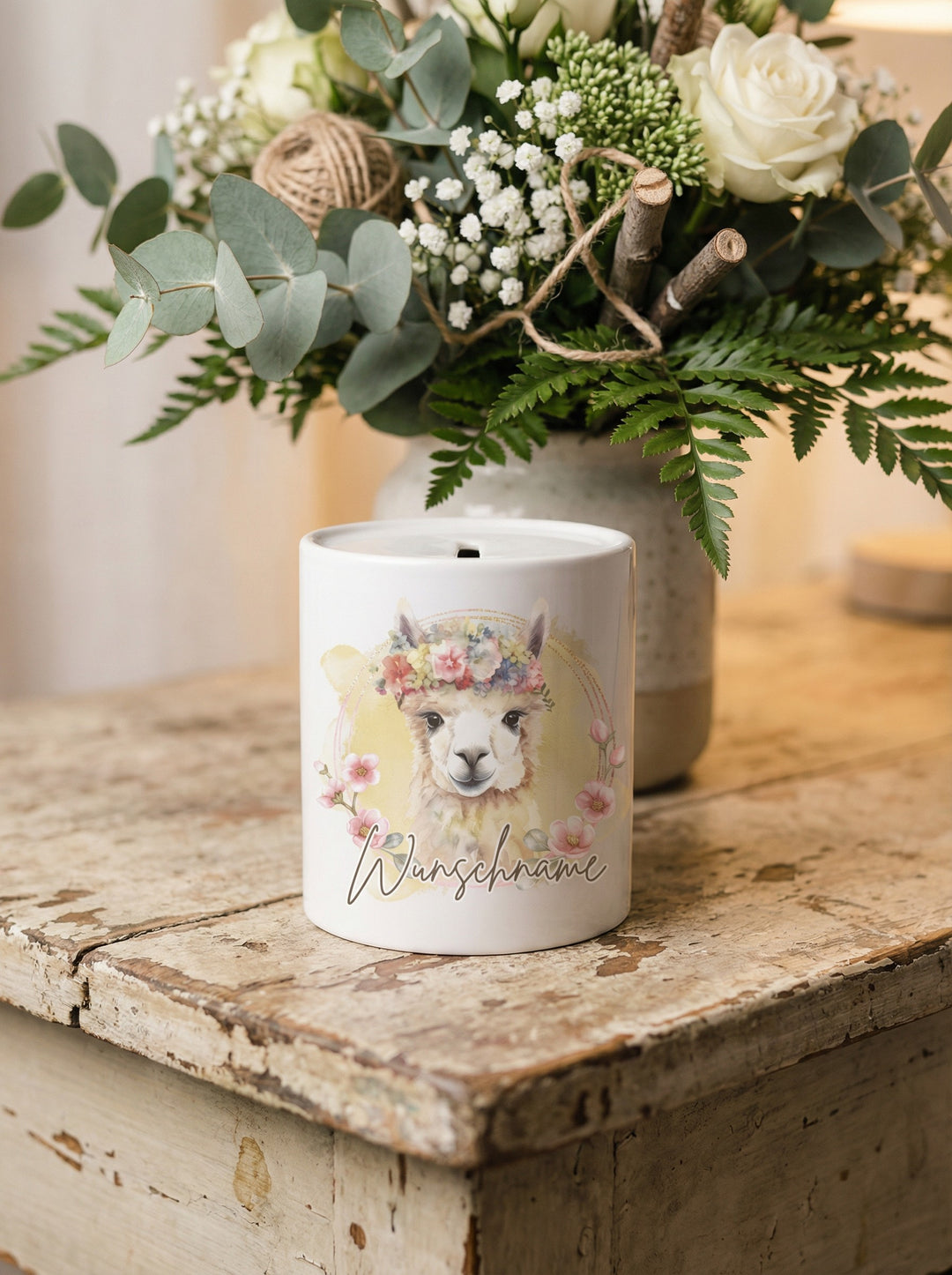 Keramikspardose Lama personalisiert - achtsame Geschenke für Frauen bei Alles auf Anfang in Bedburg, NRW