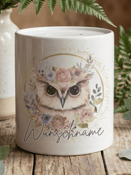 Keramikspardose Eule personalisiert - achtsame Geschenke für Frauen bei Alles auf Anfang, Bedburg NRW