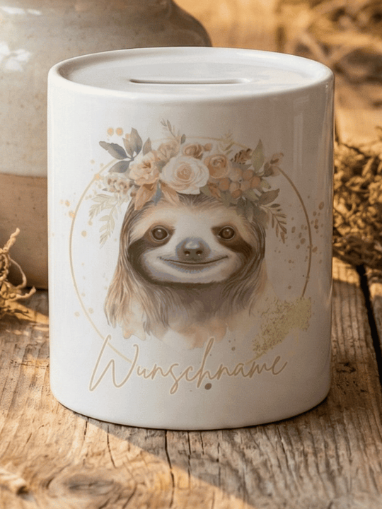 Keramikspardose Faultier personalisiert - achtsame Geschenke für Frauen bei Alles auf Anfang, Bedburg NRW