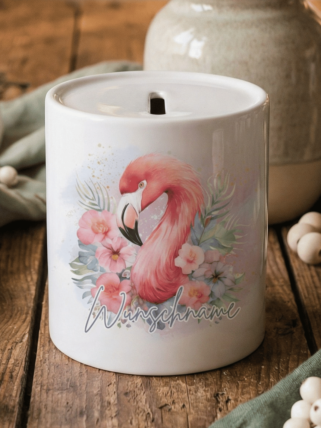 Keramikspardose Flamingo personalisiert - achtsame Geschenke für Frauen bei Alles auf Anfang in Bedburg, NRW