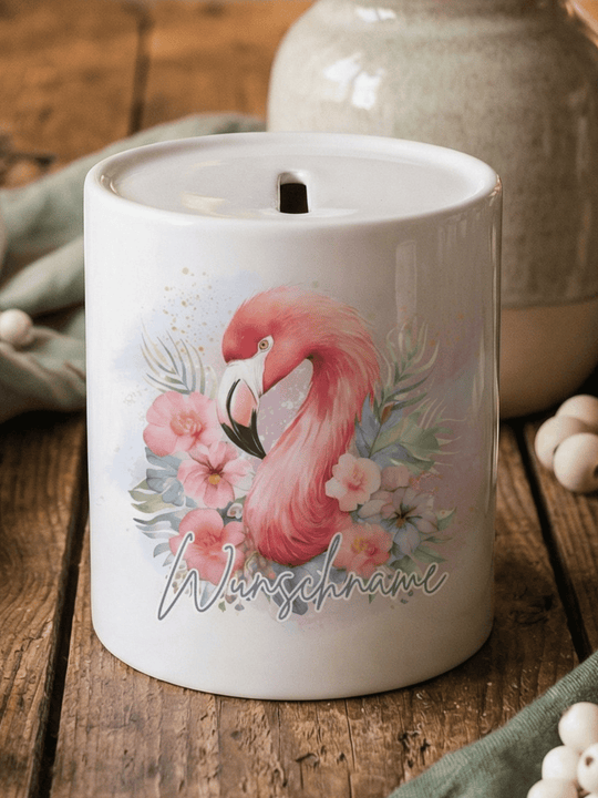 Keramikspardose Flamingo personalisiert - achtsame Geschenke für Frauen bei Alles auf Anfang in Bedburg, NRW