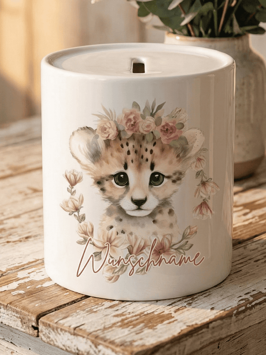Keramikspardose Gepard personalisiert - achtsame Geschenke für Frauen bei Alles auf Anfang, Bedburg NRW