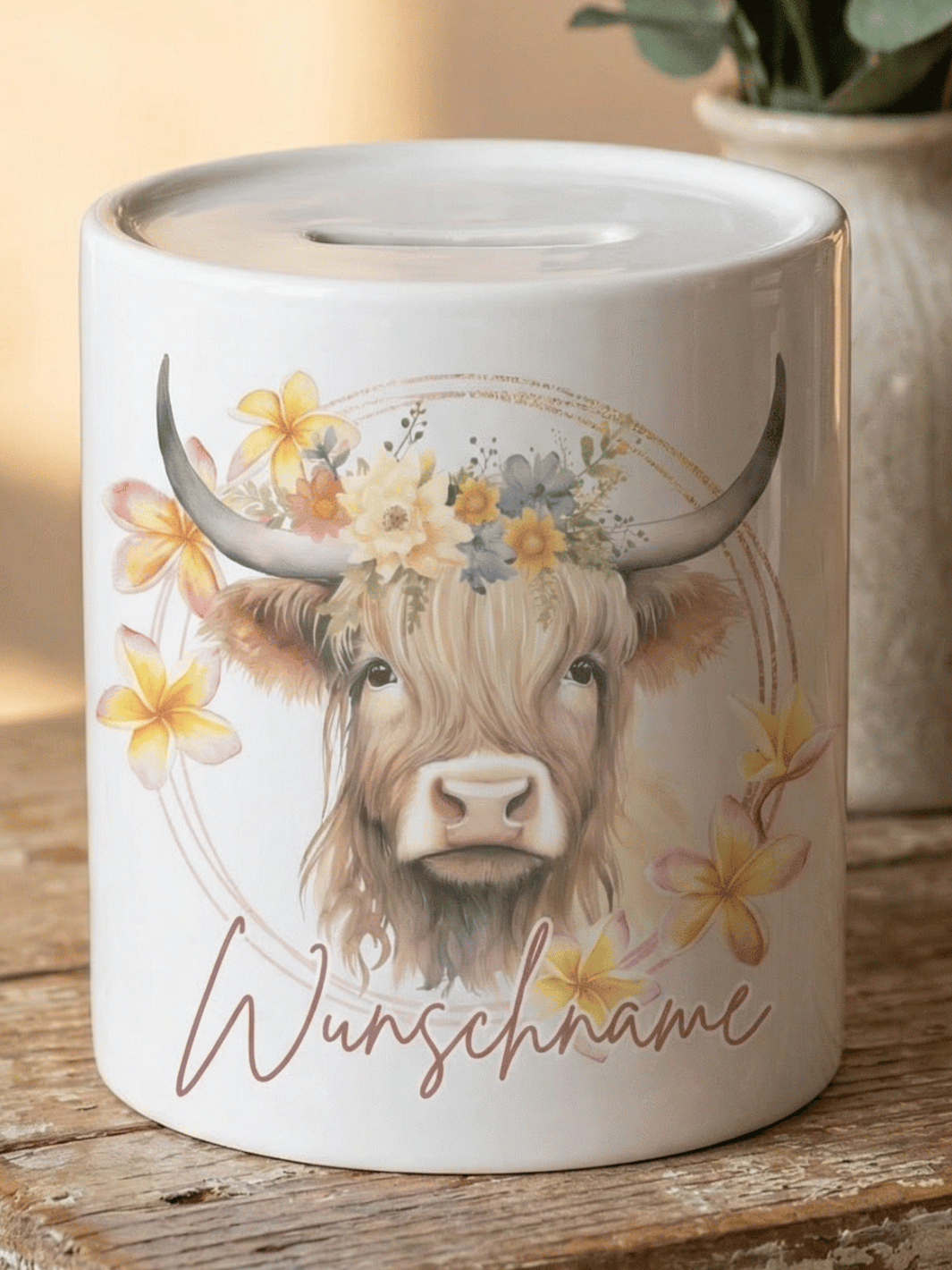 Keramikspardose Highland Cow personalisiert - achtsame Geschenke für Frauen bei Alles auf Anfang, Bedburg NRW