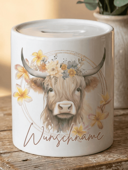 Keramikspardose Highland Cow personalisiert - achtsame Geschenke für Frauen bei Alles auf Anfang, Bedburg NRW