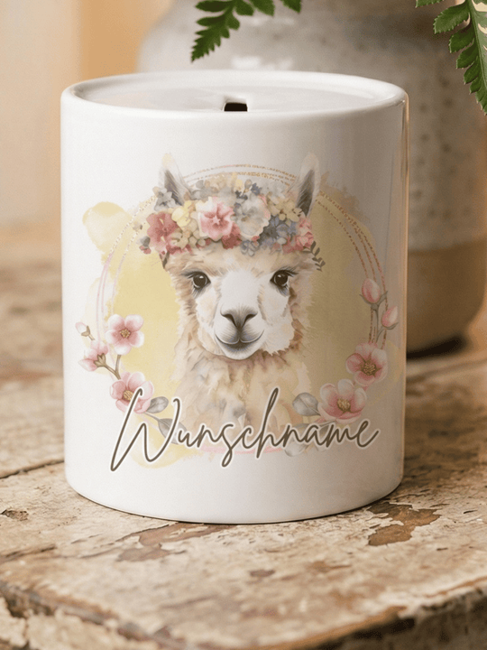 Keramikspardose Lama personalisiert - achtsame Geschenke für Frauen bei Alles auf Anfang in Bedburg, NRW