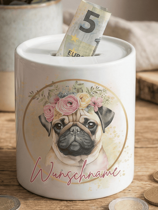 Keramikspardose Mops personalisiert - achtsame Geschenke für Frauen bei Alles auf Anfang in Bedburg NRW