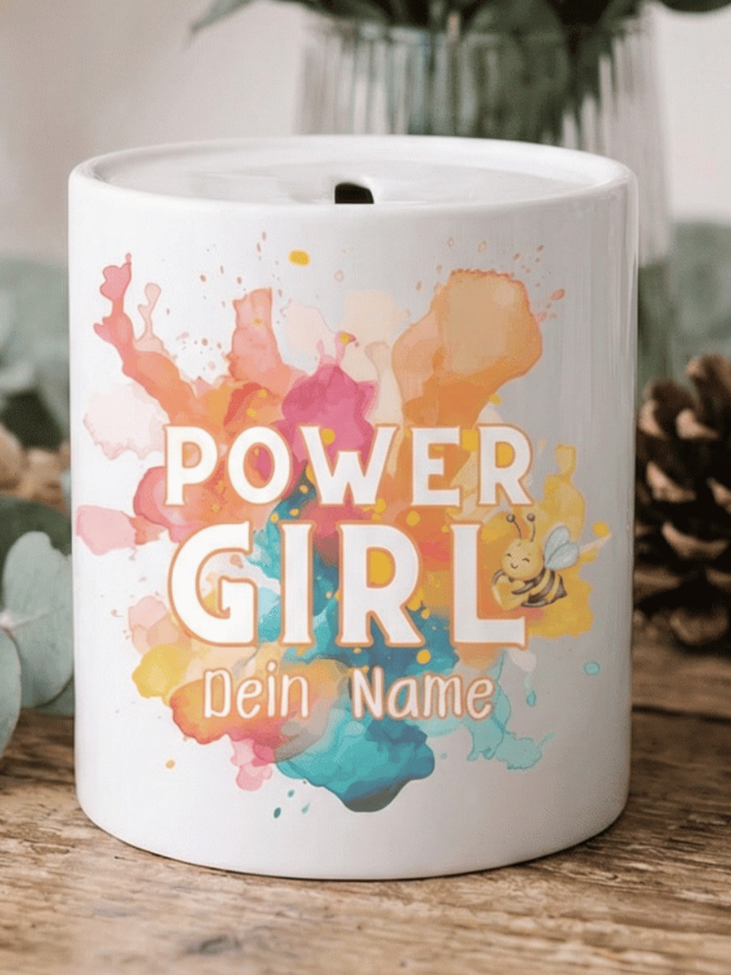 Keramikspardose Powergirl personalisiert - achtsame Geschenke für Frauen bei Alles auf Anfang, Bedburg NRW