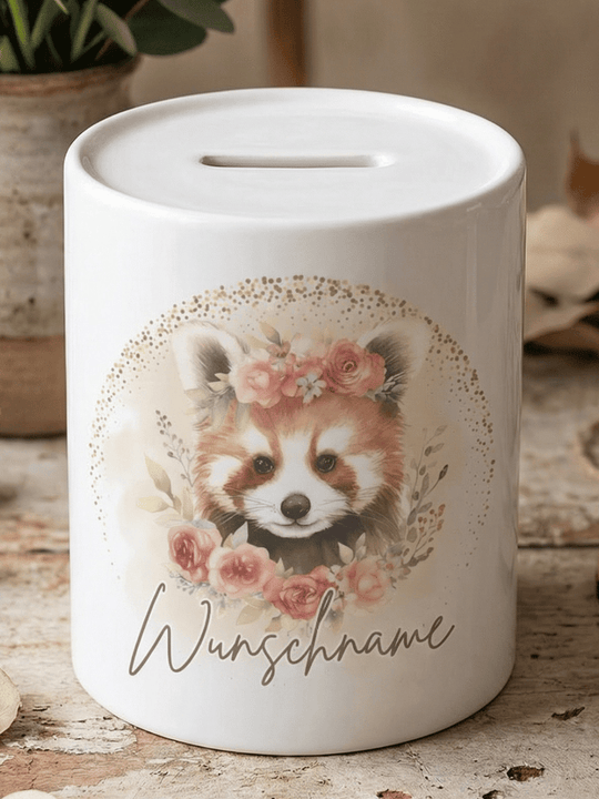 Keramikspardose roter Panda personalisiert - achtsame Geschenke für Frauen bei Alles auf Anfang, Bedburg NRW