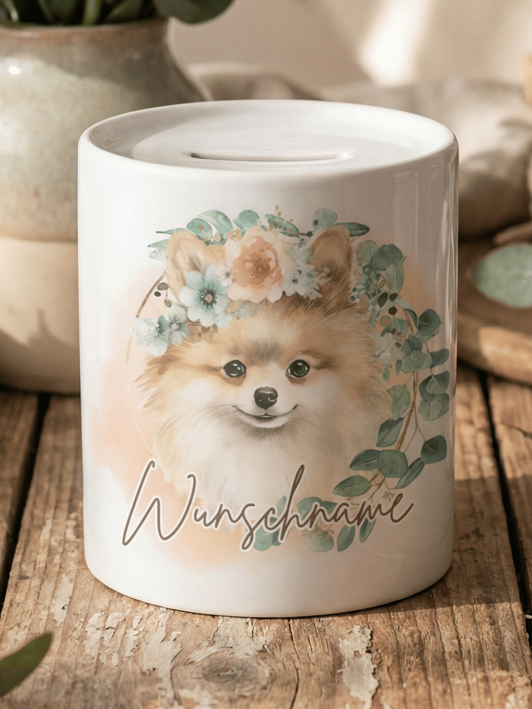 Keramikspardose Spitz personalisiert - achtsame Geschenke für Frauen bei Alles auf Anfang, Bedburg NRW