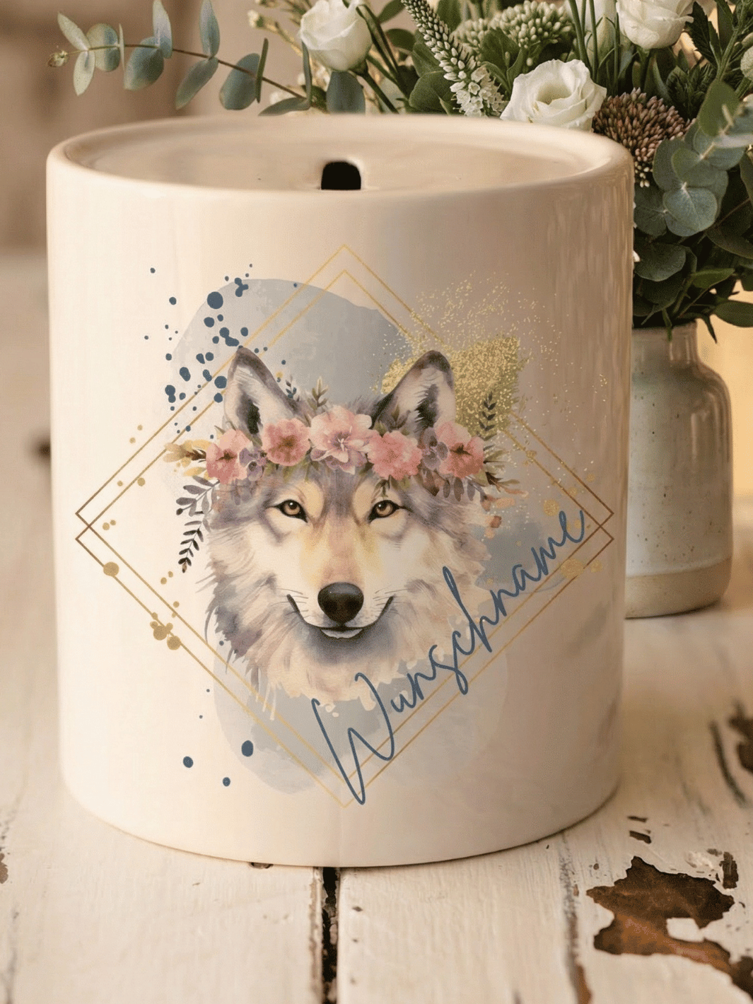 Keramikspardose Wolf personalisiert -achtsame Geschenke für Frauen bei Alles auf Anfang, Bedburg NRW