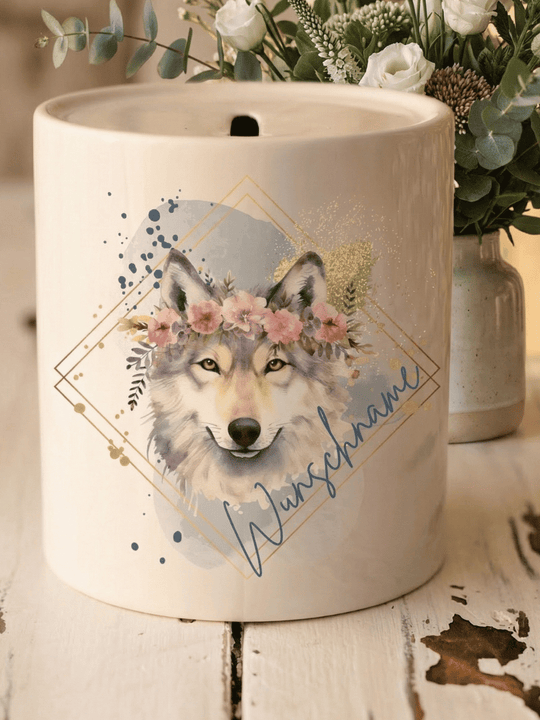 Keramikspardose Wolf personalisiert -achtsame Geschenke für Frauen bei Alles auf Anfang, Bedburg NRW