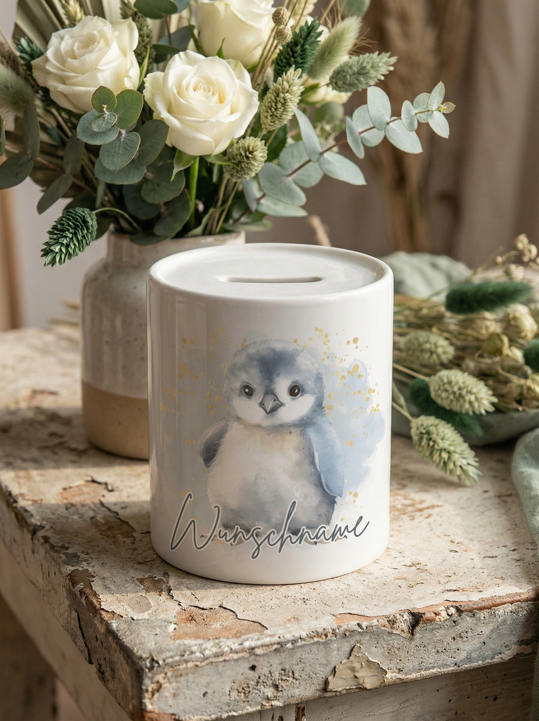 Keramikspardose Pinguin personalisiert - achtsame Geschenke für Frauen bei Alles auf Anfang, Bedburg NRW
