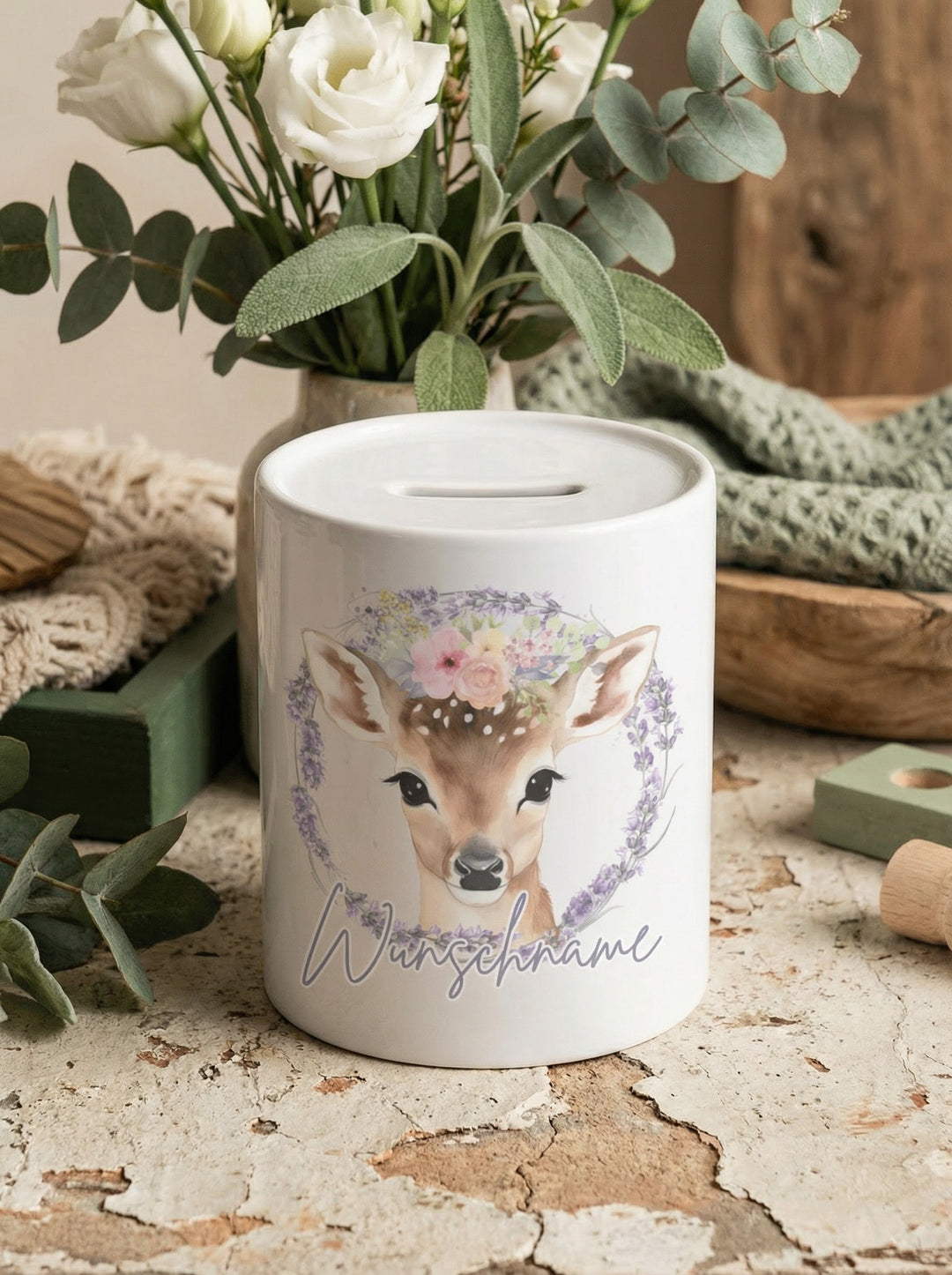 Keramikspardose Reh personalisiert - achtsame Geschenke für Frauen bei Alles auf Anfang, Bedburg NRW