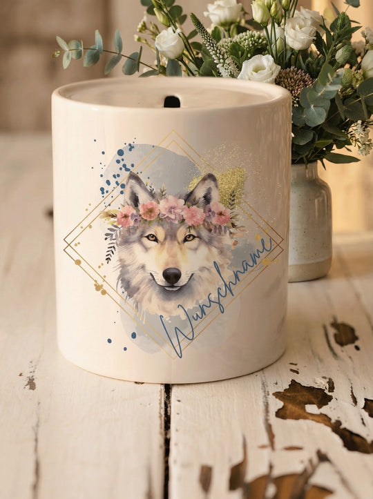 Keramikspardose Wolf personalisiert -achtsame Geschenke für Frauen bei Alles auf Anfang, Bedburg NRW