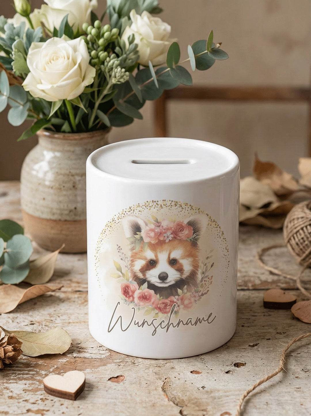 Keramikspardose roter Panda personalisiert - achtsame Geschenke für Frauen bei Alles auf Anfang, Bedburg NRW