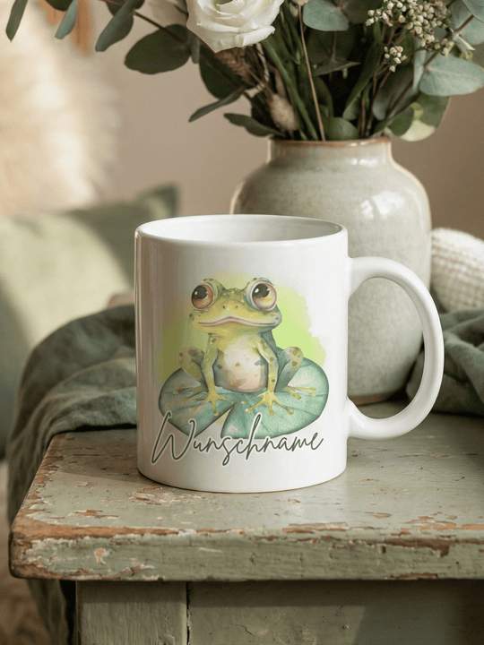 Keramiktasse Frosch personalisiert - achtsame Geschenke für Frauen bei Alles auf Anfang, Bedburg NRW