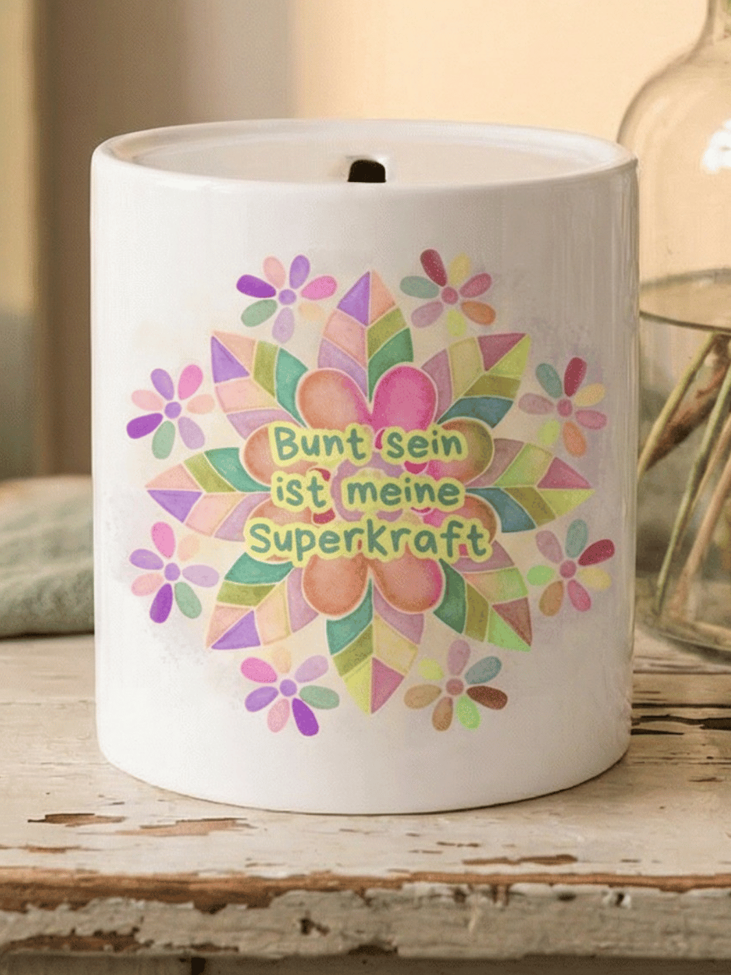 Keramikspardose Bunt sein ist meine Superkraft - achtsame Geschenke für Frauen bei Alles auf Anfang in Bedburg, NRW