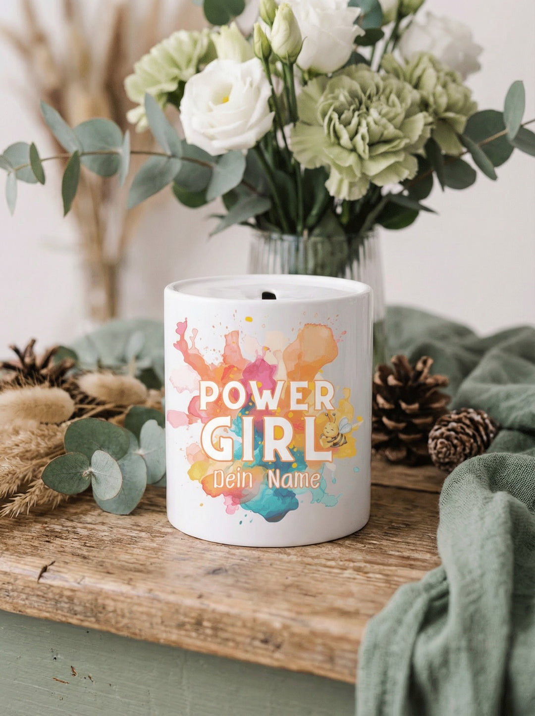Keramikspardose Powergirl personalisiert - achtsame Geschenke für Frauen bei Alles auf Anfang, Bedburg NRW
