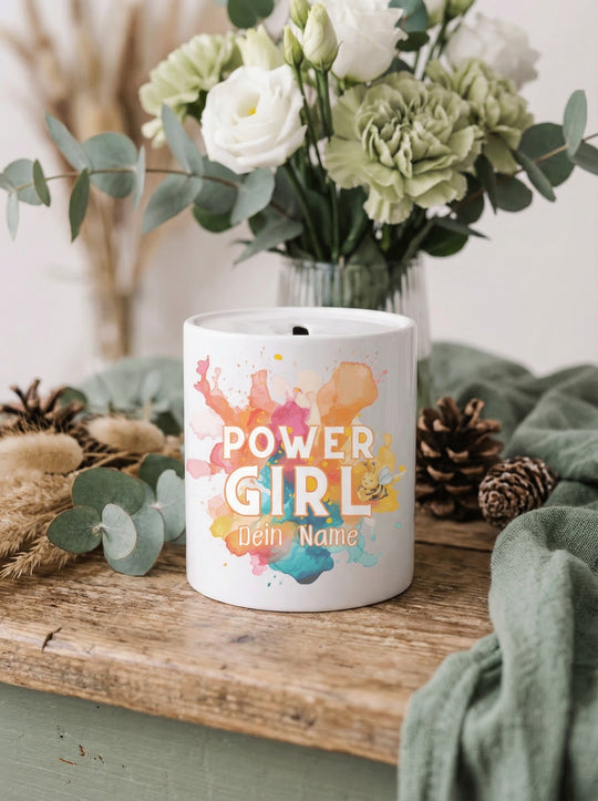 Keramikspardose Powergirl personalisiert - achtsame Geschenke für Frauen bei Alles auf Anfang, Bedburg NRW