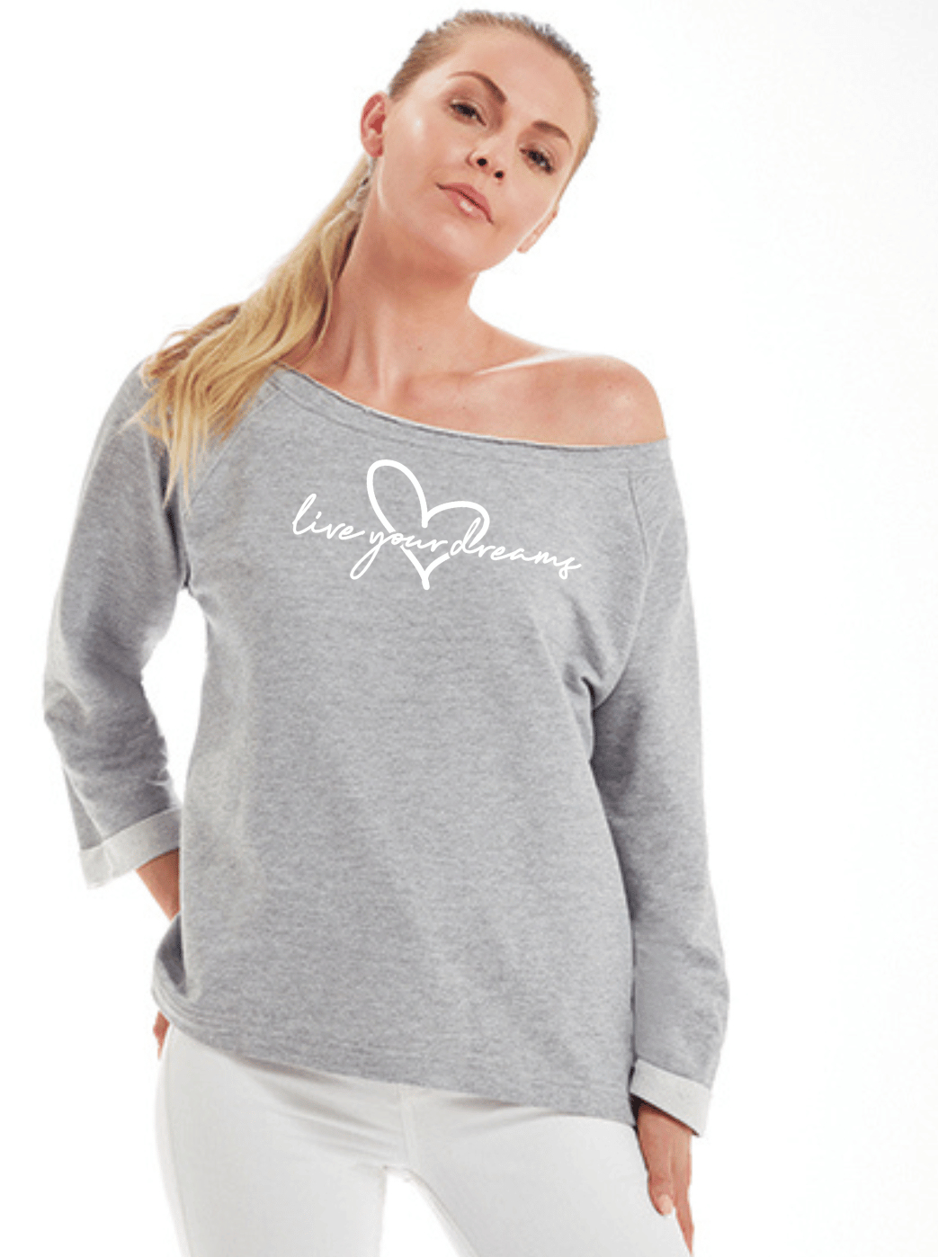 LIVE YOUR DREAMS Damen Flashdance Sweatshirt graumleiert Model