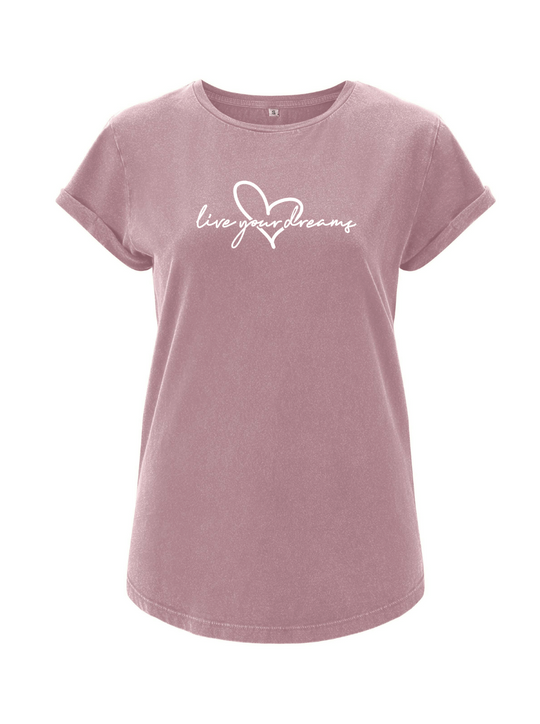 LIVE YOUR DREAMS Damen T-Shirt rolled arms purple rose