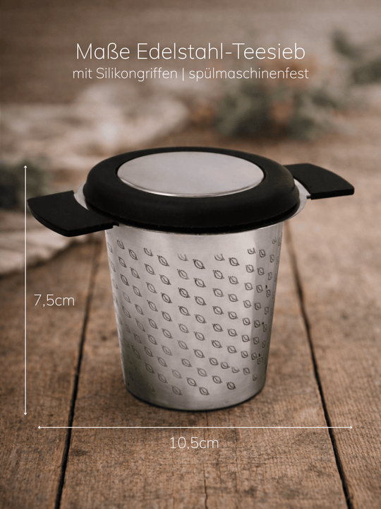 Maßangaben Teesieb Edelstahl, Fa. Arelo. Achtsame Geschenke für Frauen bei Alles auf Anfang in Bedburg, NRW