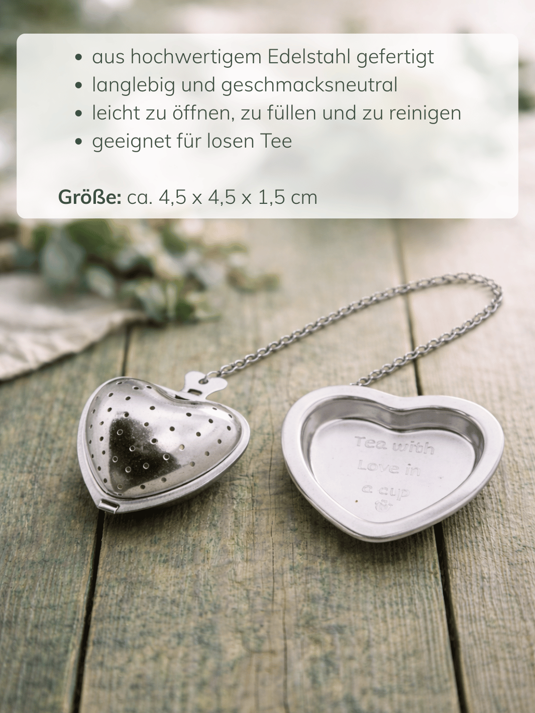 Angaben und Maße Edelstahl-Teesieb Herz. Achtsame Geschenke für Frauen bei Alles auf Anfang in Bedburg, NRW