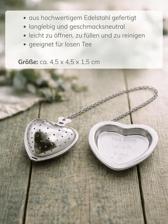 Angaben und Maße Edelstahl-Teesieb Herz. Achtsame Geschenke für Frauen bei Alles auf Anfang in Bedburg, NRW
