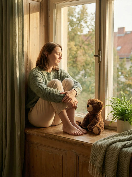 Frau am Fenster mit Teddybär als Mutmacher für Frauen – leiser Moment von Trost und Zuversicht, achtsame Geschenke für Frauen bei Alles auf Anfang in Bedburg, NRW