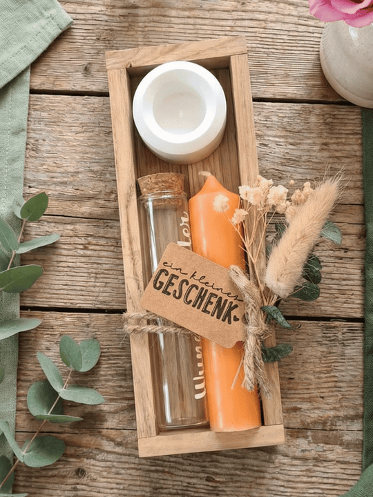 Geld - Geschenkset: 1 Kerze mit Wunscherfüller | orange - Alles auf Anfang - personalisierte Geschenke für Frauen