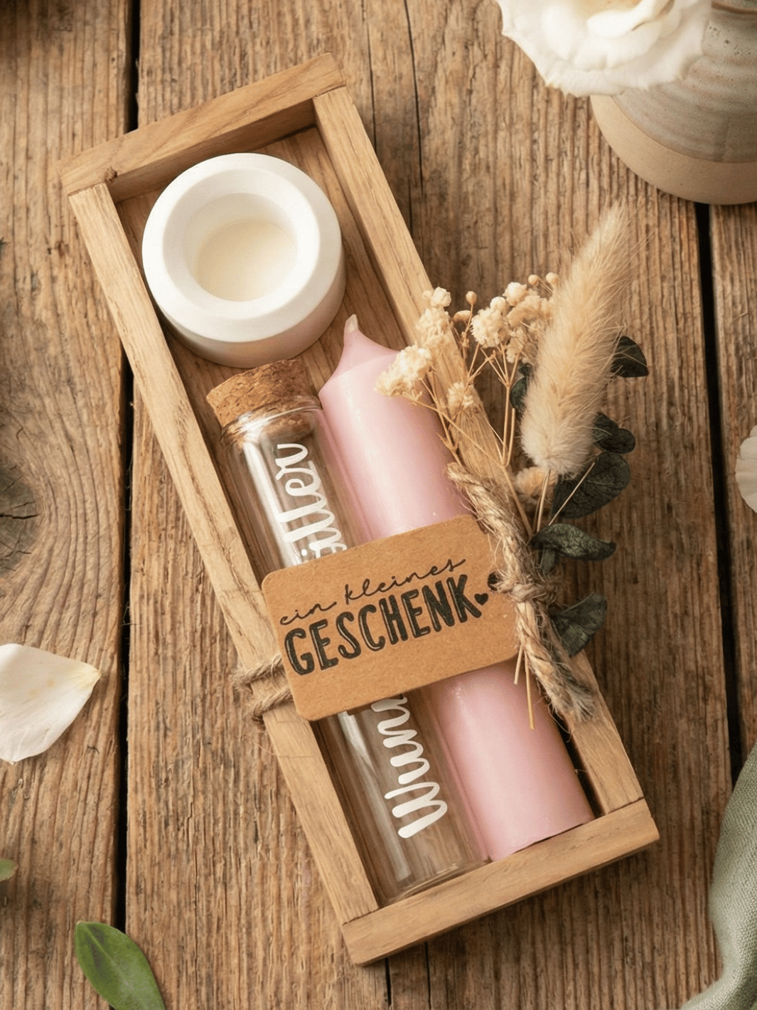 Geld - Geschenkset: 1 Kerze mit Wunscherfüller | Rosa - Alles auf Anfang - personalisierte Geschenke für Frauen