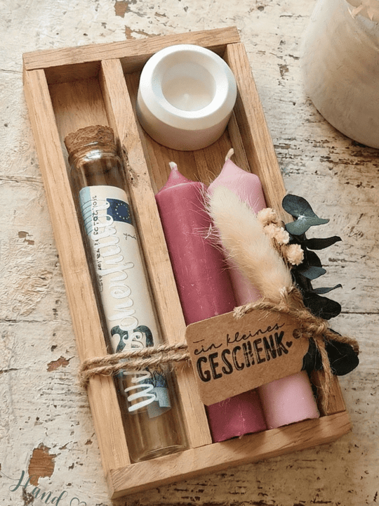 Geld - Geschenkset: 2 Kerzen mit Wunscherfüller | Rosa - Töne - Alles auf Anfang - personalisierte Geschenke für Frauen
