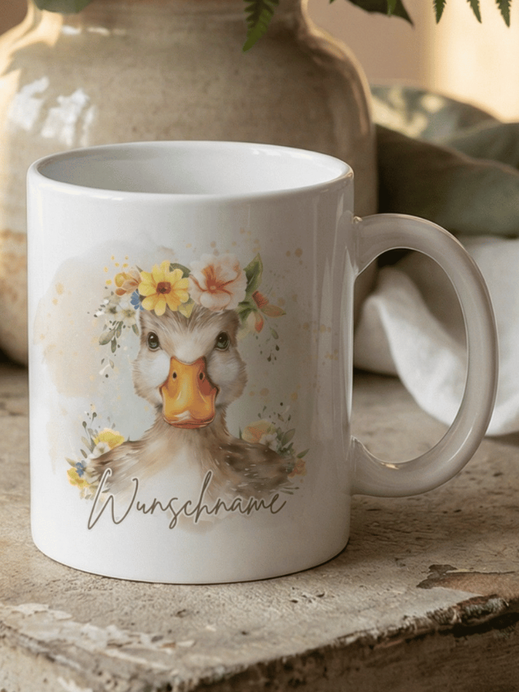 Keramiktasse Ente personalisiert - achtsame Geschenke für Frauen bei Alles auf Anfang, Bedburg NRW