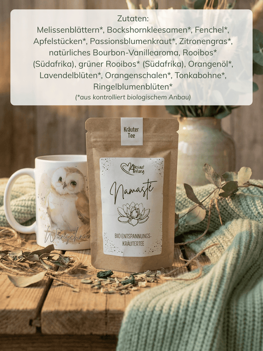 Inhaltsstoffe von Bio-Entspannungstee Namaste -achtsame Geschenke für Frauen bei Alles auf Anfang in Bedburg, NRW