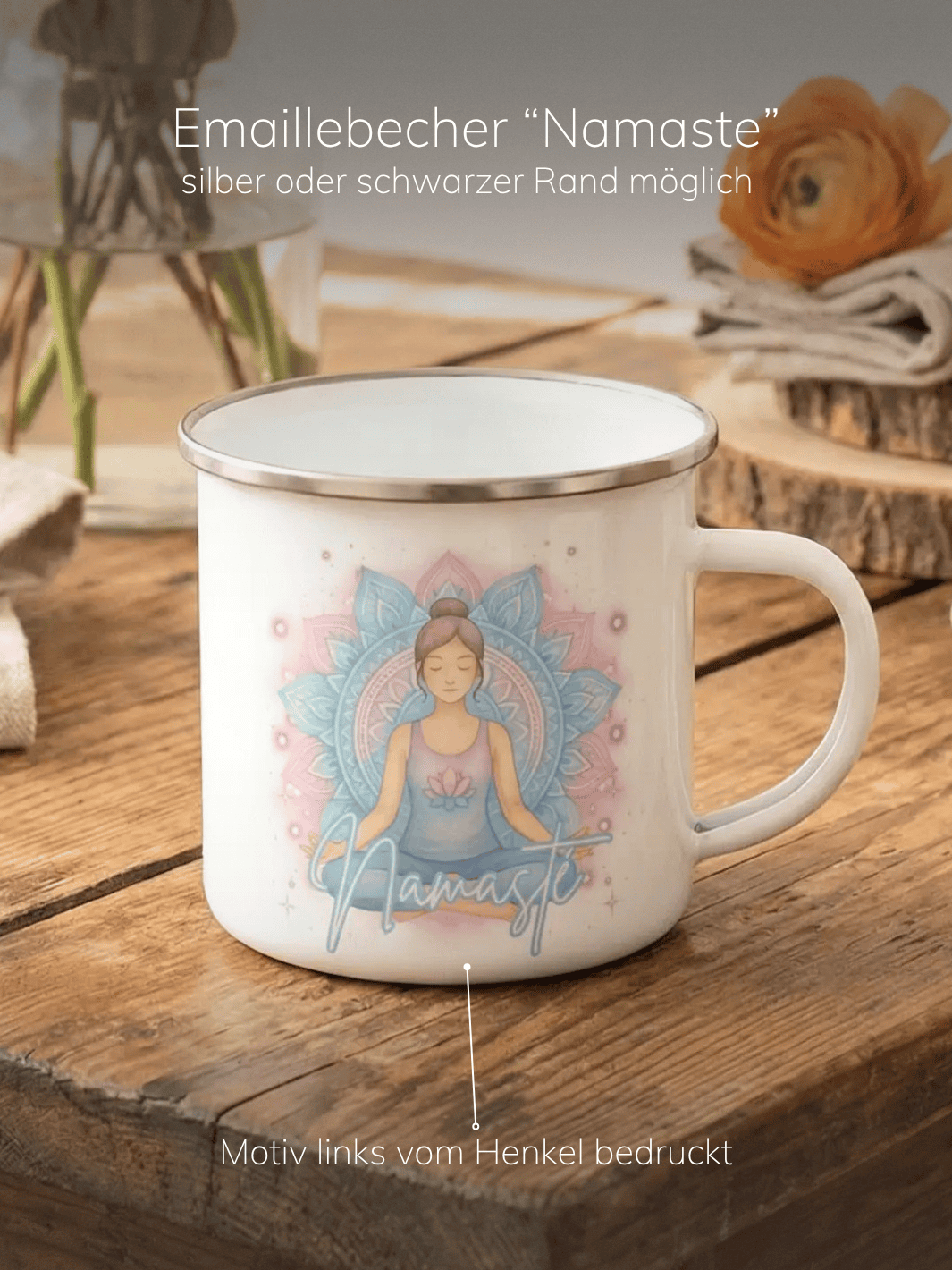 Namaste Emaillebecher Rand silber. Achtsame Geschenke für Frauen bei Alles auf Anfang in Bedburg, NRW