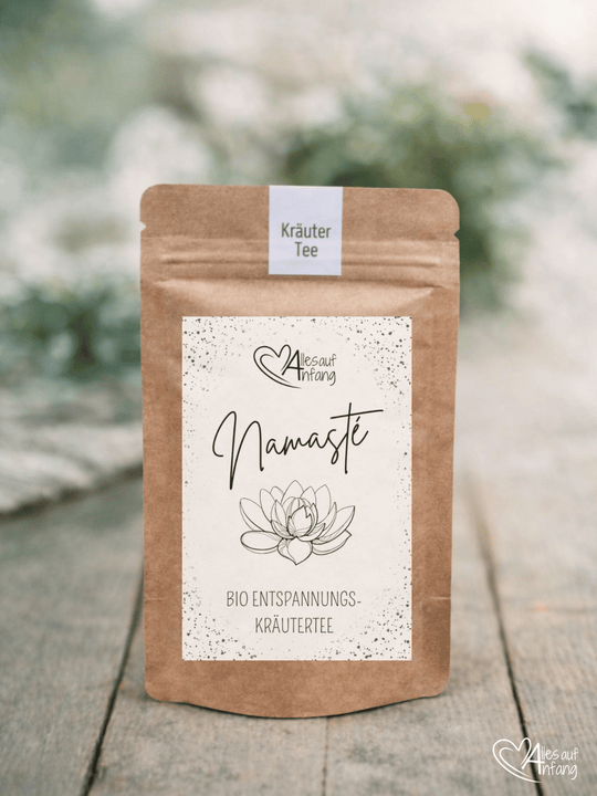 Bio Entspannungs-Kräutertee – Etikett „Namaste“, Achtsame Geschenke für Frauen, nachhaltig gestaltet bei Alles auf Anfang, Bedburg (NRW)