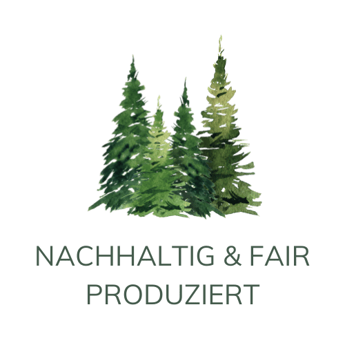 gezeichnetes Aquarell-Motiv Wald mit Schriftzug Nachhaltig & Fair produziert