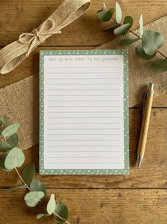 Notiz an mich selbst: Du bist großartig - Notizblock DIN A 5 aus recycelten Papier. Ideales, achtsames Geschenk für Frauen - Alles auf Anfang - Geschenkeshop aus Bedburg NRW