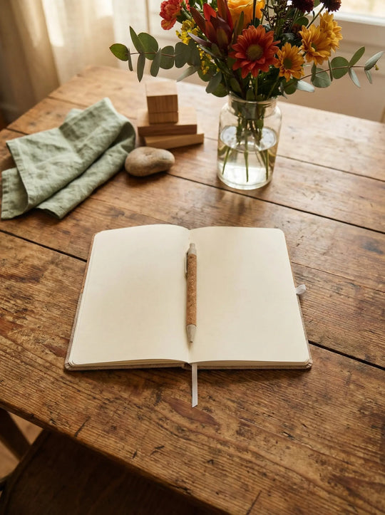 Personalisierbares Notizbuch DIN A5 aus Kork , leere Seiten mit Stift aus Weizenfaser. Achtsame Geschenke für Frauen bei Alles auf Anfang in Bedburg, NRW