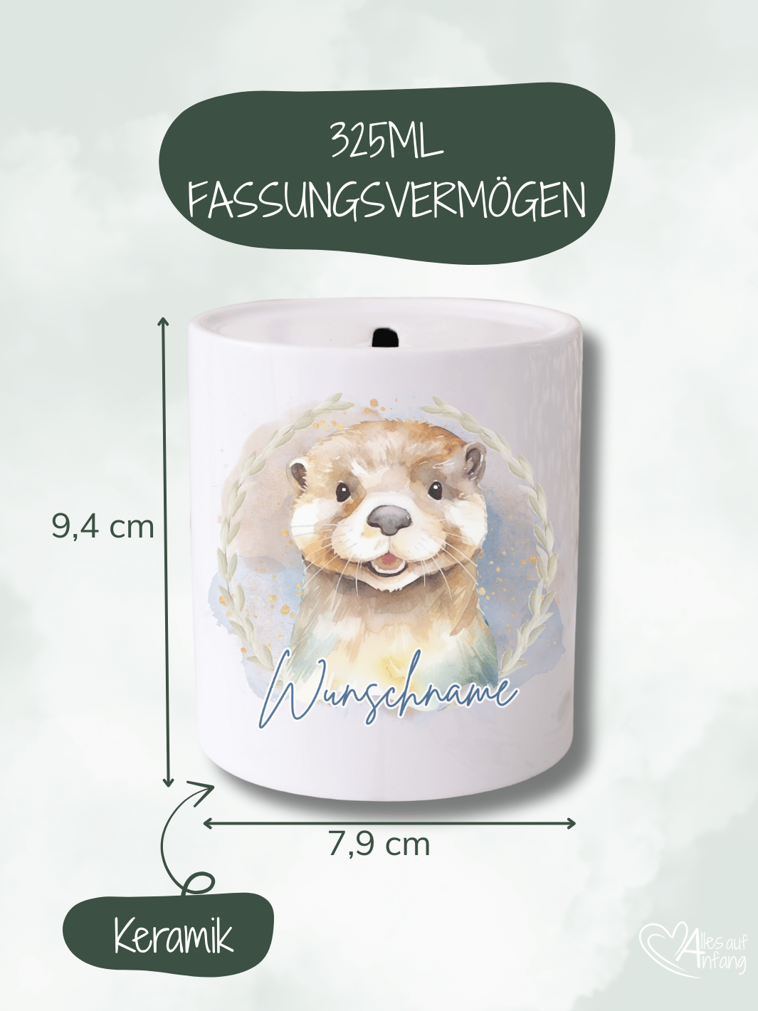 Keramikspardose, Motiv Otter, 325 ml, Höhe 9,4 cm, Durchmesser 7,9 cm – handgefertigt in Familienmanufaktur Alles auf Anfang, personalisierbar, individuelles Geschenk für Kinder und Erwachsene