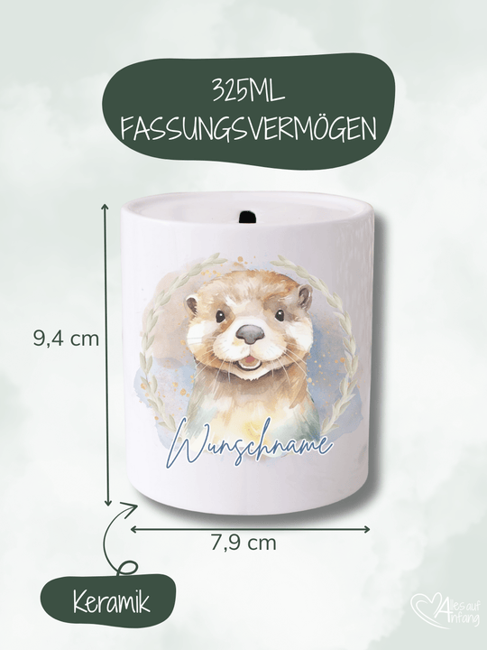 Keramikspardose, Motiv Otter, 325 ml, Höhe 9,4 cm, Durchmesser 7,9 cm – handgefertigt in Familienmanufaktur Alles auf Anfang, personalisierbar, individuelles Geschenk für Kinder und Erwachsene