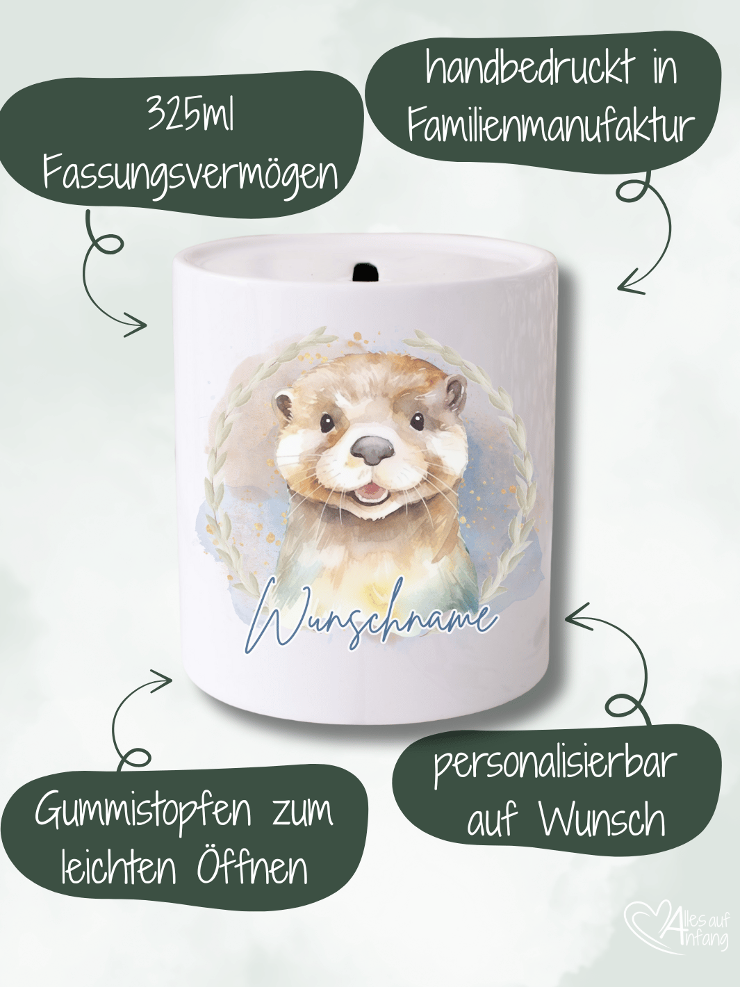 Keramikspardose, Motiv Otter mit 325 ml mit Gummistopfen – handbedruckt und personalisierbar von Alles auf Anfang, nachhaltige Familienmanufaktur, individuelles Geschenk für Kinder und Erwachsene