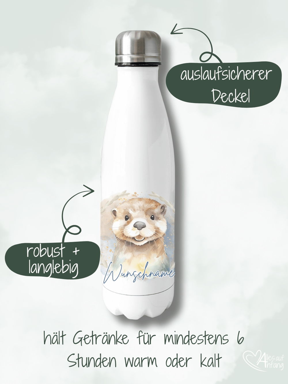 robuste, langlebige und auslaufsichere Thermo-Trinkflasche aus Edelstahl mit süßem Otter-Aquarellmotiv. Hält Getränke für mindestens 6 Stunden warm oder kalt. Handveredelt und personalisierbar mit Wunschname aus kleiner Familienmanufaktur in Bedurg (NRW)
