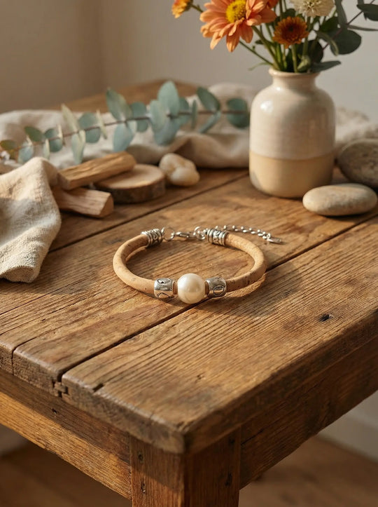 PERLE Kork Armband mit Zamak-Legierung und Kunstperle naturfarben - achtsame Geschenke für Frauen bei Alles auf Anfang in Bedburg, NRW