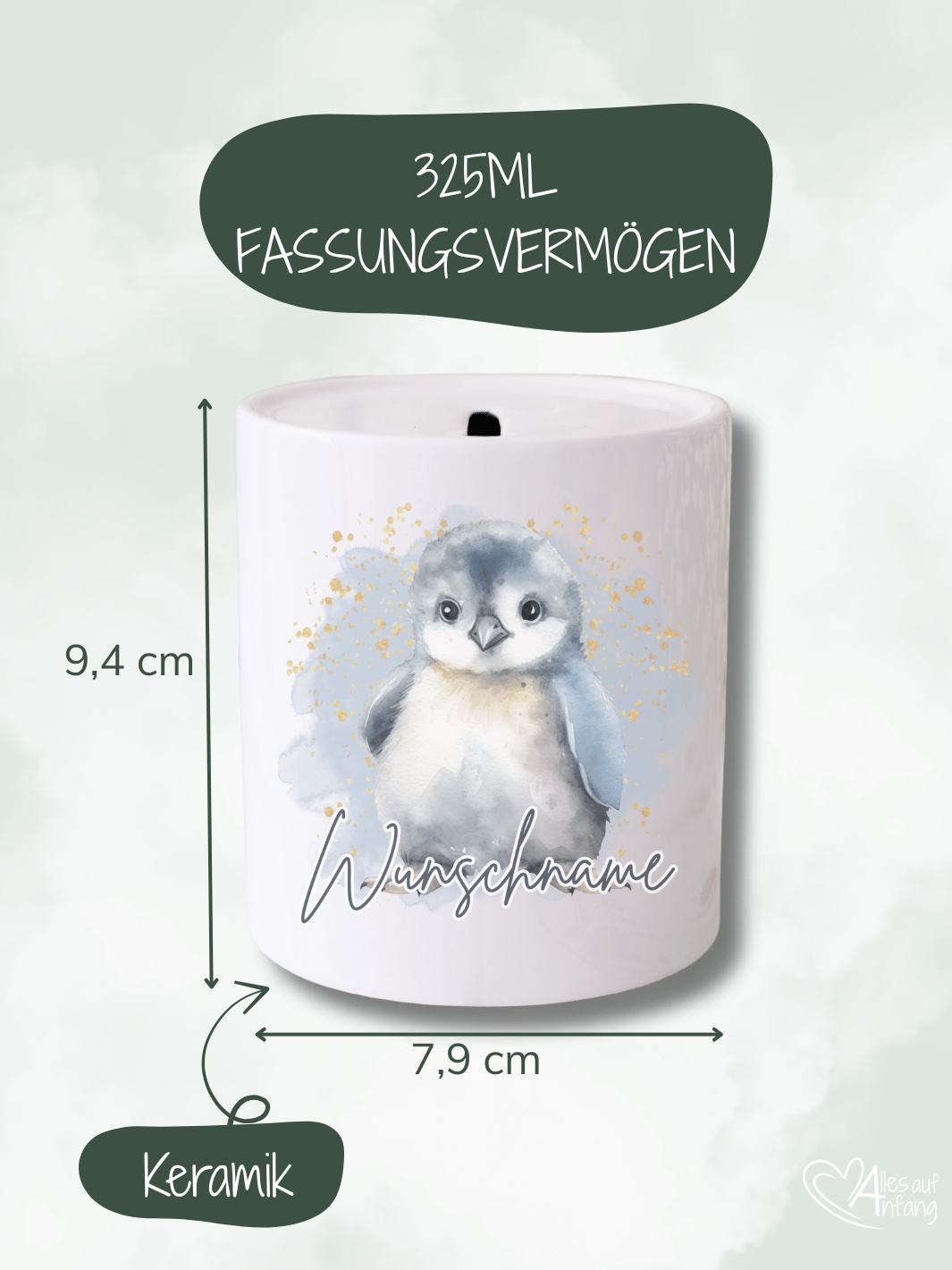Pinguin - Keramikspardose, personalisierbar mit Namen,  Alles auf Anfang 💚 Geschenke für Frauen