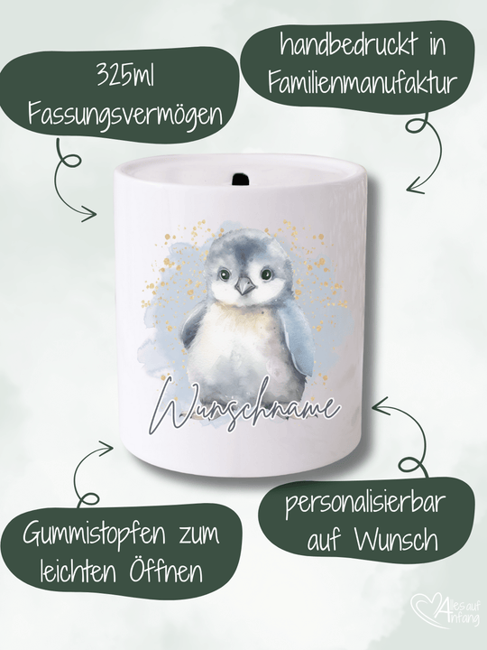 Pinguin - Keramikspardose, personalisierbar mit Namen,  Alles auf Anfang 💚 Geschenke für Frauen